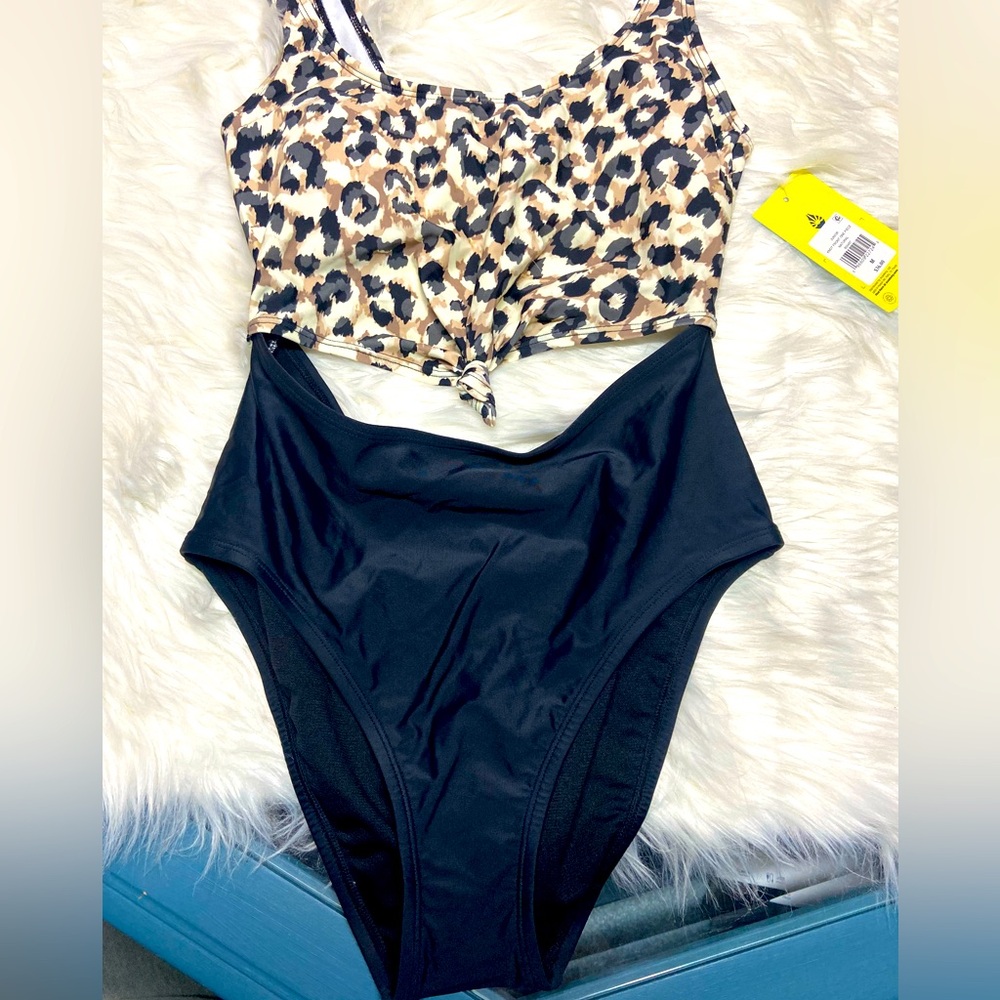 Leopard Print Knot-Front Bikini Top with Black High-Waist Bottoms